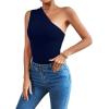 imageLYANER Womens Sexy One Shoulder Ruched Sleeveless Slim Fit Bodysuit Leotard TopNavy Blue