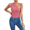 imageLYANER Womens Sexy One Shoulder Ruched Sleeveless Slim Fit Bodysuit Leotard TopPink