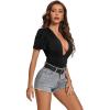 imageLYANER Womens Sexy Plunging V Neck Ruched Pleated Puff Short Sleeve Bodysuit Leotard TopBlack