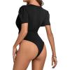 imageLYANER Womens Sexy Plunging V Neck Ruched Pleated Puff Short Sleeve Bodysuit Leotard TopBlack