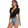 imageLYANER Womens Sexy Plunging V Neck Ruched Pleated Puff Short Sleeve Bodysuit Leotard TopBlack