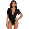 imageLYANER Womens Sexy Plunging V Neck Ruched Pleated Puff Short Sleeve Bodysuit Leotard TopBlack