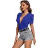 imageLYANER Womens Sexy Plunging V Neck Ruched Pleated Puff Short Sleeve Bodysuit Leotard TopBlue
