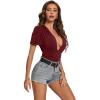 imageLYANER Womens Sexy Plunging V Neck Ruched Pleated Puff Short Sleeve Bodysuit Leotard TopBurgundy