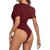 imageLYANER Womens Sexy Plunging V Neck Ruched Pleated Puff Short Sleeve Bodysuit Leotard TopBurgundy