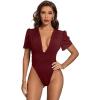 imageLYANER Womens Sexy Plunging V Neck Ruched Pleated Puff Short Sleeve Bodysuit Leotard TopBurgundy