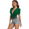 imageLYANER Womens Sexy Plunging V Neck Ruched Pleated Puff Short Sleeve Bodysuit Leotard TopDark Green