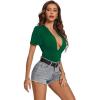 imageLYANER Womens Sexy Plunging V Neck Ruched Pleated Puff Short Sleeve Bodysuit Leotard TopDark Green