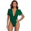 imageLYANER Womens Sexy Plunging V Neck Ruched Pleated Puff Short Sleeve Bodysuit Leotard TopDark Green