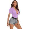 imageLYANER Womens Sexy Plunging V Neck Ruched Pleated Puff Short Sleeve Bodysuit Leotard TopLight Purple