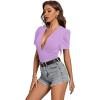 imageLYANER Womens Sexy Plunging V Neck Ruched Pleated Puff Short Sleeve Bodysuit Leotard TopLight Purple