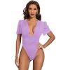 imageLYANER Womens Sexy Plunging V Neck Ruched Pleated Puff Short Sleeve Bodysuit Leotard TopLight Purple