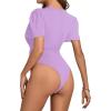 imageLYANER Womens Sexy Plunging V Neck Ruched Pleated Puff Short Sleeve Bodysuit Leotard TopLight Purple
