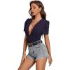 imageLYANER Womens Sexy Plunging V Neck Ruched Pleated Puff Short Sleeve Bodysuit Leotard TopNavy Blue