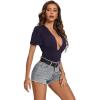 imageLYANER Womens Sexy Plunging V Neck Ruched Pleated Puff Short Sleeve Bodysuit Leotard TopNavy Blue