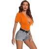 imageLYANER Womens Sexy Plunging V Neck Ruched Pleated Puff Short Sleeve Bodysuit Leotard TopOrange