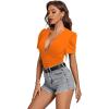 imageLYANER Womens Sexy Plunging V Neck Ruched Pleated Puff Short Sleeve Bodysuit Leotard TopOrange