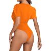 imageLYANER Womens Sexy Plunging V Neck Ruched Pleated Puff Short Sleeve Bodysuit Leotard TopOrange