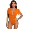 imageLYANER Womens Sexy Plunging V Neck Ruched Pleated Puff Short Sleeve Bodysuit Leotard TopOrange