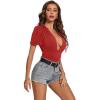 imageLYANER Womens Sexy Plunging V Neck Ruched Pleated Puff Short Sleeve Bodysuit Leotard TopRed