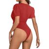 imageLYANER Womens Sexy Plunging V Neck Ruched Pleated Puff Short Sleeve Bodysuit Leotard TopRed