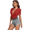 imageLYANER Womens Sexy Plunging V Neck Ruched Pleated Puff Short Sleeve Bodysuit Leotard TopRed