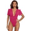 imageLYANER Womens Sexy Plunging V Neck Ruched Pleated Puff Short Sleeve Bodysuit Leotard TopRose Red