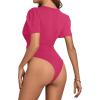 imageLYANER Womens Sexy Plunging V Neck Ruched Pleated Puff Short Sleeve Bodysuit Leotard TopRose Red