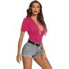 imageLYANER Womens Sexy Plunging V Neck Ruched Pleated Puff Short Sleeve Bodysuit Leotard TopRose Red