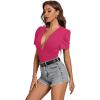 imageLYANER Womens Sexy Plunging V Neck Ruched Pleated Puff Short Sleeve Bodysuit Leotard TopRose Red