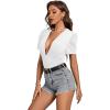 imageLYANER Womens Sexy Plunging V Neck Ruched Pleated Puff Short Sleeve Bodysuit Leotard TopWhite
