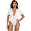 imageLYANER Womens Sexy Plunging V Neck Ruched Pleated Puff Short Sleeve Bodysuit Leotard TopWhite
