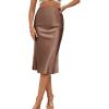 imageLYANER Womens Satin Silk High Waist Side Zipper Up Ruffle Hem Flared Midi SkirtCamel