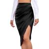 imageLYANER Womens Satin Skily Asymmetrical Split Slit Ruched Hight Waist Bodycon Midi SkirtBlack