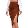 imageLYANER Womens Satin Skily Asymmetrical Split Slit Ruched Hight Waist Bodycon Midi SkirtBrown