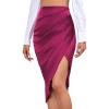 imageLYANER Womens Satin Skily Asymmetrical Split Slit Ruched Hight Waist Bodycon Midi SkirtDark Purple