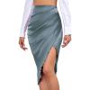 imageLYANER Womens Satin Skily Asymmetrical Split Slit Ruched Hight Waist Bodycon Midi SkirtDusty Blue