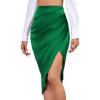 imageLYANER Womens Satin Skily Asymmetrical Split Slit Ruched Hight Waist Bodycon Midi SkirtGreen