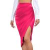 imageLYANER Womens Satin Skily Asymmetrical Split Slit Ruched Hight Waist Bodycon Midi SkirtHot Pink