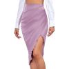 imageLYANER Womens Satin Skily Asymmetrical Split Slit Ruched Hight Waist Bodycon Midi SkirtLight Purple