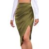 imageLYANER Womens Satin Skily Asymmetrical Split Slit Ruched Hight Waist Bodycon Midi SkirtOlive Green