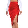 imageLYANER Womens Satin Skily Asymmetrical Split Slit Ruched Hight Waist Bodycon Midi SkirtRed