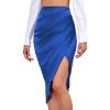 imageLYANER Womens Satin Skily Asymmetrical Split Slit Ruched Hight Waist Bodycon Midi SkirtRoyal Blue