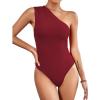 imageLYANER Womens Sexy One Shoulder Ruched Sleeveless Slim Fit Bodysuit Leotard TopWine Red