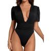 imageLYANER Womens Sexy Plunging V Neck Ruched Pleated Puff Short Sleeve Bodysuit Leotard TopBlack