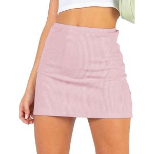 imageLYANER Womens Basic Ribbed Knit Stretchy Elastic Short Mini Pencil Bodycon SkirtPink