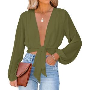 imageLYANER Womens Deep V Neck Tie Front Knot Long Sleeve Sexy Wrap Crop Top Blouse Army Green XLarge