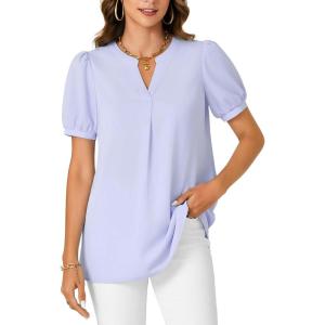 imageLYANER Womens Dressy Casual Summer Tops V Neck Pleated Short Sleeve Blouses Loose Work Tunic ShirtsLight Blue