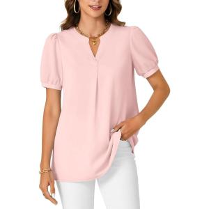 imageLYANER Womens Dressy Casual Summer Tops V Neck Pleated Short Sleeve Blouses Loose Work Tunic ShirtsLight Pink