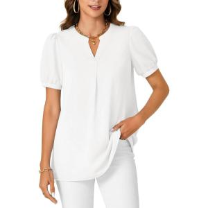 imageLYANER Womens Dressy Casual Summer Tops V Neck Pleated Short Sleeve Blouses Loose Work Tunic ShirtsWhite